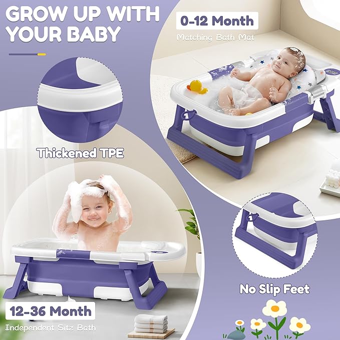 Collapsible Baby Bathtub,Baby Bath Tub with Thermometer & Soft Cushion,Baby Bathtub for Newborn to Toddler 0-36 Months,Portable Travel Baby Tub with No-Slip Feet,Baby Shower Gifts,Lavender-CubbioJoy