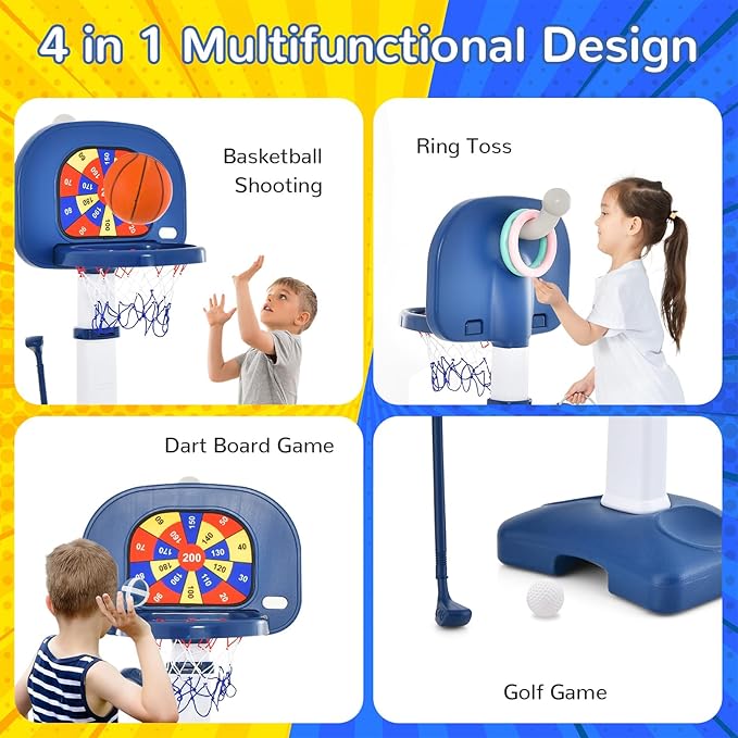 Costzon Kids Basketball Hoop, 4-in-1 Toddler Sports Activity Center with 5 Adjustable Height, Basketball Golf Toss Ring Dart Board Game Set, Indoor Outdoor Toddler Basketball Hoop, Gift for Boys Girls-CubbioJoy