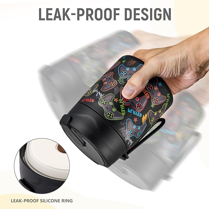 17oz Soup Thermo for Hot Food Kids Insulated Vacuum Food Jar with Stainless Steel Spoon Wide Mouth Thermo Leakproof Lunch Food Container Kids Hot Lunch Box (Black-Game)-CubbioJoy