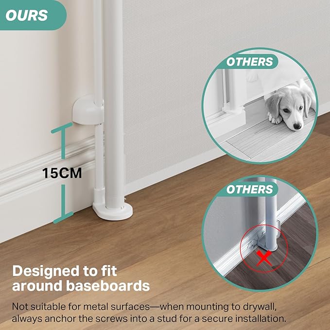 Cumbor 55" Wide Retractable Baby Gates for Stairs, Mom's Choice Award - Mesh Dog Gate for Doorways, Pet Safety Essential Fit for Baseboards, Wide Toddlers Gates for Hallways, Indoor & Outdoor, White-CubbioJoy