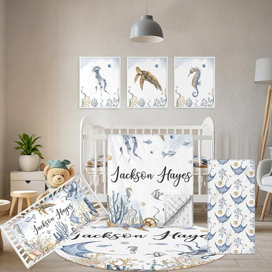 Custom Crib Bedding Set - 5 Pcs Customized Baby Crib Set with Name - Soft Double Layer Marine Animals Nursery Baby Bedding Set for Girls Boys - Personalized for Infant Toddler-CubbioJoy