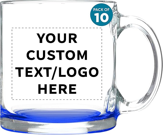 Custom Libbey Clear Glass Coffee Mugs 13 oz. Set of 10, Personalized Bulk Pack - Perfect for Coffee, Tea, Espresso, Hot Cocoa, Other Beverages - Blue Bottom-CubbioJoy