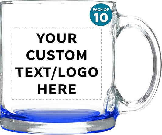 Custom Libbey Clear Glass Coffee Mugs 13 oz. Set of 10, Personalized Bulk Pack - Perfect for Coffee, Tea, Espresso, Hot Cocoa, Other Beverages - Blue Bottom-CubbioJoy
