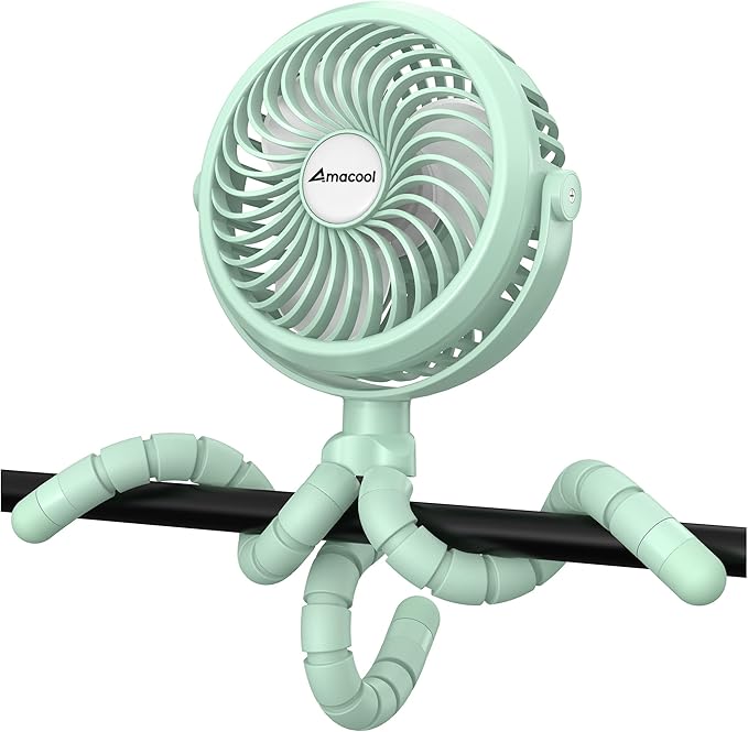 AMACOOL Battery Operated Stroller Fan Flexible Tripod Clip On Fan with 3 Speeds and Rotatable Handheld Personal Fans for Car Seat Crib Bike Treadmill (Green)-CubbioJoy