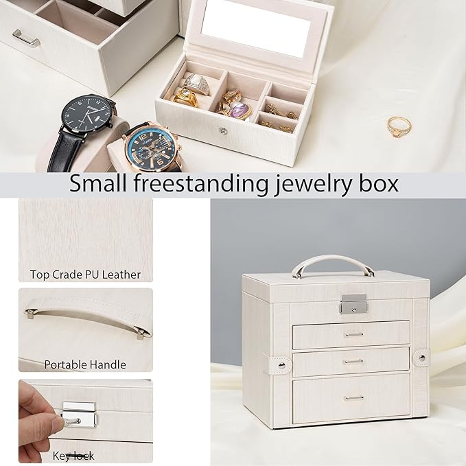 AKOZLIN 4-Tier Jewelry Box Lockable Leather Jewelry Storage Case Organizer with 3 Drawers for Women Girls Ring Necklace Earring Bracelet Watches Holder with Mirror-CubbioJoy