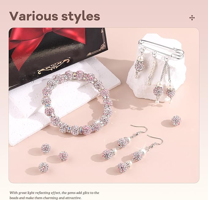 200pcs 10mm Rhinestone Beads for Jewelry Making, Pink White Shiny Round Disco Ball Beads Bulk, Sparkle Crystal Clay Christmas for Bracelet Baseball Necklace Earring Crafting and DIY-CubbioJoy