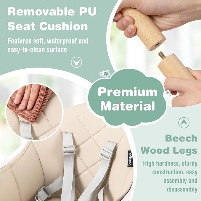BABY JOY High Chair, 6 in 1 Convertible Wooden Highchair for Babies & Toddlers with Adjustable Legs, Double Removable Tray, Safety Harness & Waterproof PU Cushion (Beige)-CubbioJoy