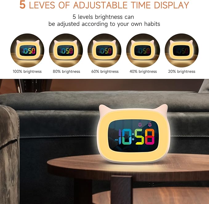 Cute Cat Ear Alarm Clock with RGB 7 Color Night Light & 18 Ringtones,Rechargeable Clock for Kids Bedroom,LED Colorful Digital Display,Bedside Clock for Boys,Girls Birthday Presents(Pink)-CubbioJoy