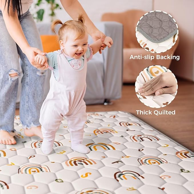 Boho Rainbow Baby Play Mat 71" X 59" Playpen Mat Thicken One-Piece Crawling Mat Non-Slip Cushioned Baby Floor Mat Letter Playmats for Babies Toddlers Infants Tummy Time Activity (71X59,Beige)-CubbioJoy