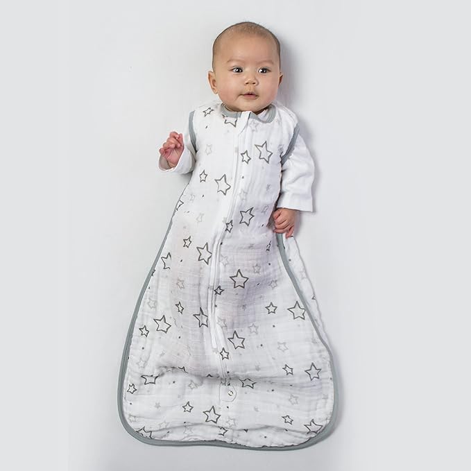 Amazing Baby Cotton Muslin Sleeping Sack, For Baby Boy or Girl, Wearable Blanket with 2-way Zipper, Stars, Sterling, Large (12-18 Month)-CubbioJoy