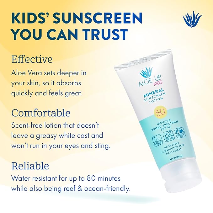 Aloe Up Kids Broad Spectrum Mineral Sunscreen Lotion SPF 50 - Face and Body Sunblock for Sensitive Skin - With Gen2 Zinc Oxide and Aloe Vera - Dries Clear - Reef Safe - Fragrance-Free - 3 Oz-CubbioJoy
