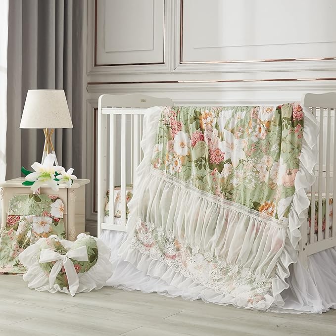 Brandream Crib Bedding Sets for Girls Garden Floral Nursery Set 3-Piece | Ruffled Baby Comforter, Crib Sheet and Tulle Lace Crib Bed Skirt, Green White-CubbioJoy