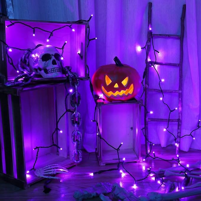 Brizled Purple Halloween Lights, 33ft 100 LED 5mm Wide Angle Halloween String Lights, 120V UL Certified Connectable Light String Purple Mini Light for Party Indoor Outdoor Tree Decoration, Black Wire-CubbioJoy