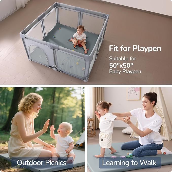 Baby Play Mat for Floor,1.3'' Thick Memory Foam Play Mat,50''x50'' Tummy Time Mat with PU Leather,Cushioned & Waterproof Playpen Mats,Non Slip Crawling Padded for Toddlers,Infants,Kids-CubbioJoy