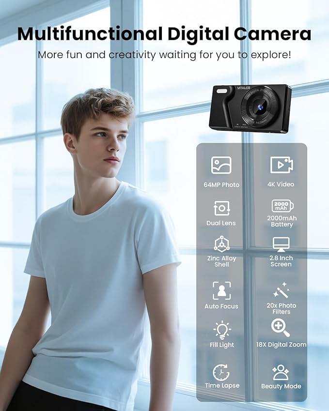 Digital Camera with Front Rear Lens, Autofocus 64MP 4K Camera for Photography with 32GB Card, Portable Compact Point and Shoot Camera for Teens Adult Beginner with Metal Shell, 2000mAh Battery-CubbioJoy