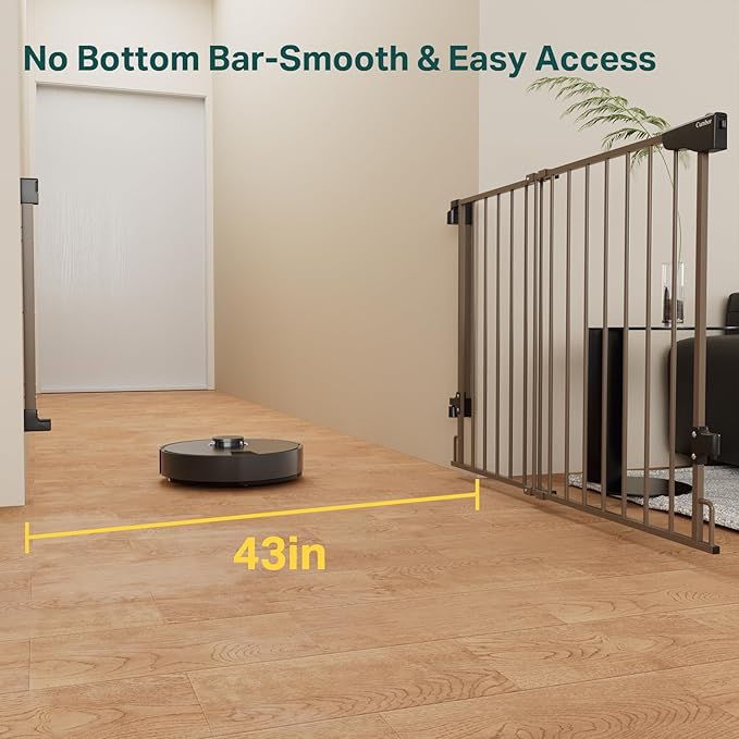 Cumbor 29.2-43" No Bottom Bar Baby Gate for Stairs, 2-in-1 Hardware Mounted Dog Gate Indoor, Pet Gate for Doorways with Large Walk Thru Door, Child-Proof Safety Gate for Top & Bottom of Stairs (Brown)-CubbioJoy