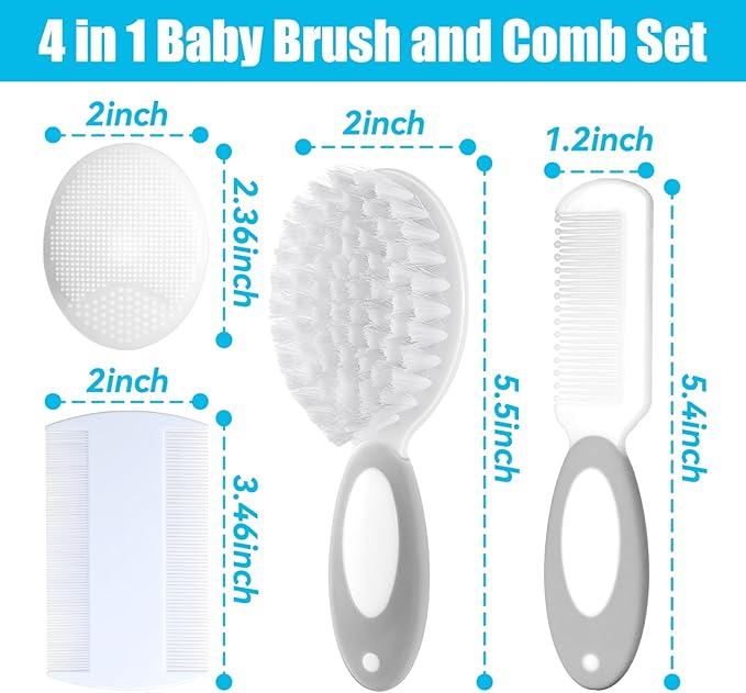 Baby Hair Brush and Comb Set, 4Pcs Baby Soft Bristles Brush Cradle Cap Brush Hair Comb for Newborns Toddlers Boys Girls (Grey)-CubbioJoy