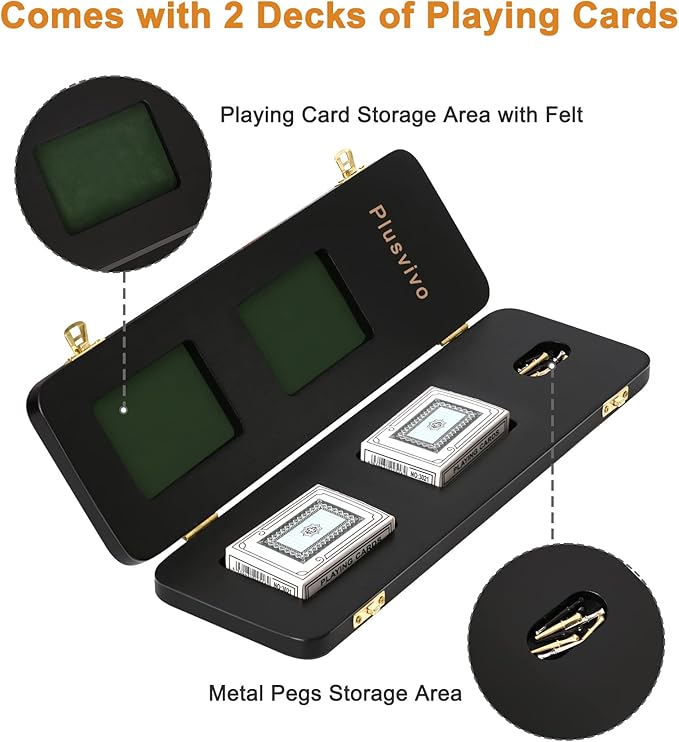 Cribbage Board Game Set 3 Tracks, 2 Storage Area, with 9 Metal Pegs,2 Decks of Playing Cards and Instruction, Wooden Travel Portable Cribbage Game Sets-CubbioJoy