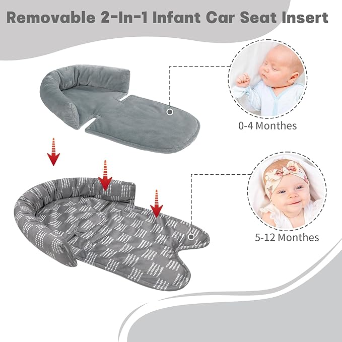 Infant Car Seat Insert, HNHUAMING Baby Car Seat Head & Body Support with 2 Strap Pads, Ultra Soft Newborn Preemie Carseat Insert Cushion for Girls Boys, Fits Car Seat, Stroller, Swing, Bouncer, Gray-CubbioJoy