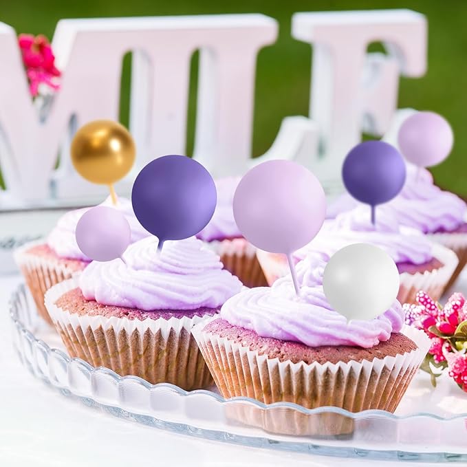 75 Pieces Cake Balls Topper Decorations Foam Cupcake Topper Mini Balloon Balls Cake Picks for Deco Birthday Party Wedding（Purple, Light Purple,Gold, White）-CubbioJoy