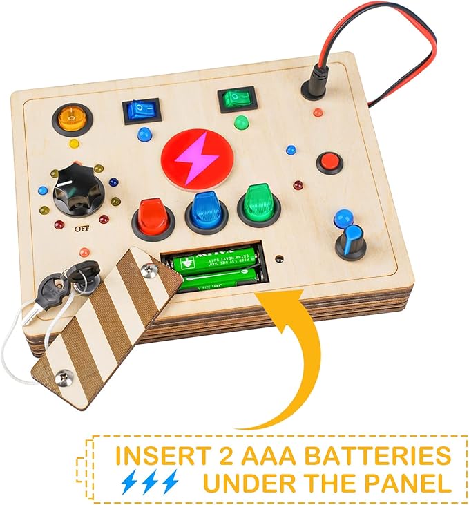 Joyreal Montessori Busy Board Wooden Sensory Toys for Toddler with LED Light Up Switch, Baby Fidget Board Travel Toys for 18+ Months, 1 2 3 Year Old Boys Girls Toddler Toy Gifts (Mixed Lights)-CubbioJoy