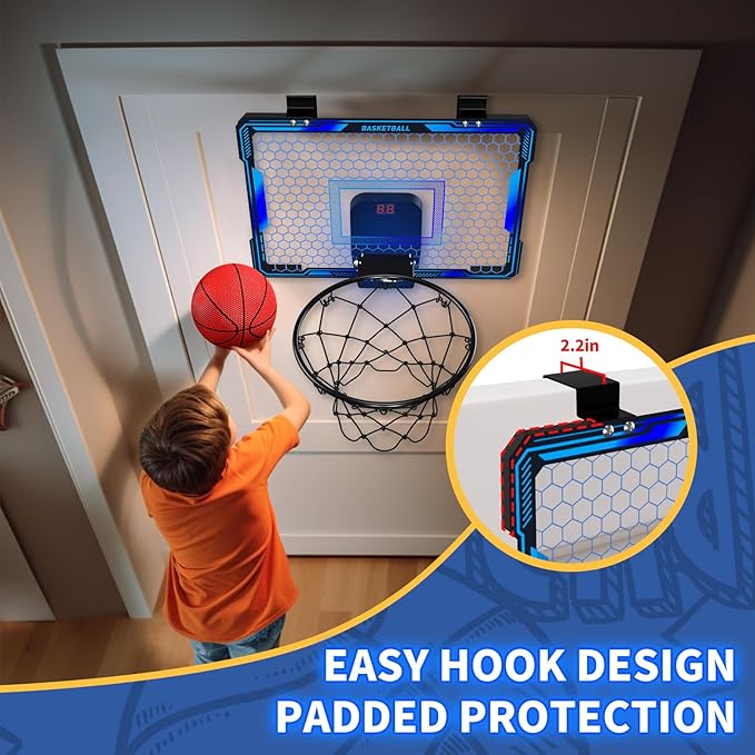 Basketball Hoop Indoor, Mini Basket Ball Hoop with 7 LED Lighting, Scoreboard, Over Door Basketball Hoop with 3 Modes, Volume Adjustable, Foldable, Basketball Toys Gifts for Kids Adults (Blue)-CubbioJoy