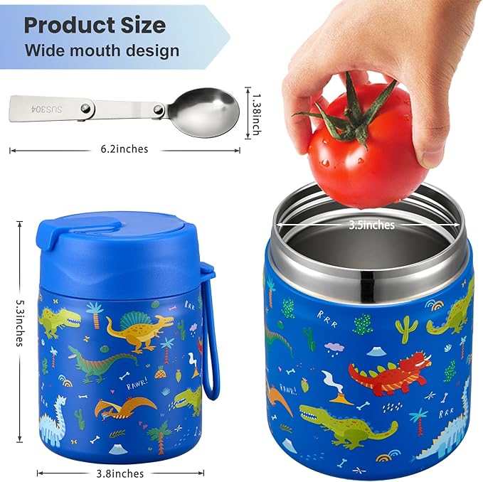 17oz Soup Thermo for Hot Food Kids,Insulated Food Jar with Spoon,Thermo Hot Food Lunch Container,Wide Mouth Leakproof Stainless Steel Lunch Box for School-Dinosaur-CubbioJoy