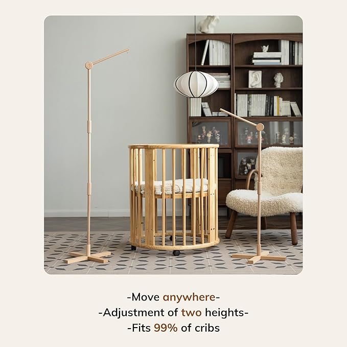 Crib Mobile Arm Wooden Floorstanding - 61 Inches Mobile Arm for Crib|Movable Baby Mobile Hanger|Strong Anti-Dumping Attachment|100% Natural EU Beech Wood|Thicker Wooden Pole|Boho Nursery Decor-CubbioJoy
