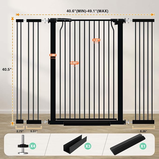 40.5" Extra Tall Baby Gate for Doorways, 40.6"-49.1" Extra Wide Pet Gate No Drill, 1.37" Narrow Space Puppy Dog Barrier Indoor, Metal Safety Child Gate for Stairs Hallway Black-CubbioJoy