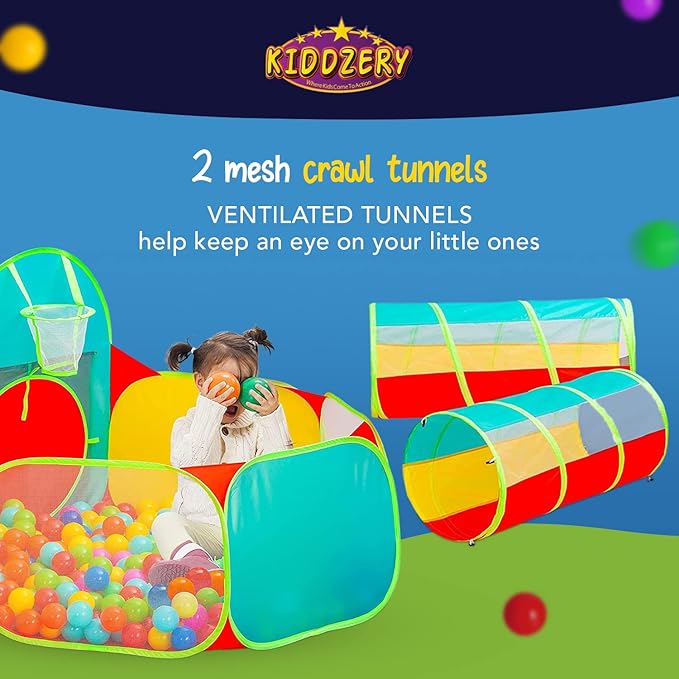 5pc Kids Play Tent for Toddlers with Ball Pit, Crawl Tunnel, Indoor & Outdoor Playhouse, Jungle Gym, Toys for Boys & Girls, Includes Dart Balls, Teepee & Basketball Hoops, (with 50 Balls)-CubbioJoy