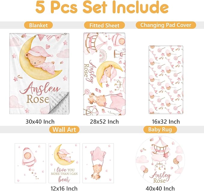 Custom Crib Bedding Set, 5 Pcs Customized Baby Crib Set with Name, Soft Double Layer Nursery Baby Bedding Set for Girls Boys, Personalized for Infants Toddlers, Pink Moon Bear-CubbioJoy