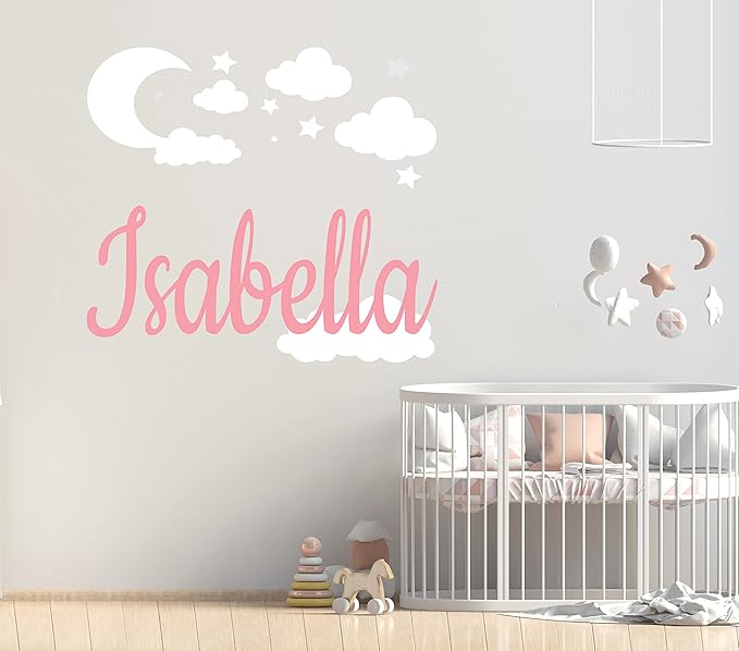 Custom Name with Moon Clouds and Stars - Nursery Baby Name Wall Art - Wall Decal for Nursery Bedroom playroom Decoration (Wide 20x20inch Height)-CubbioJoy