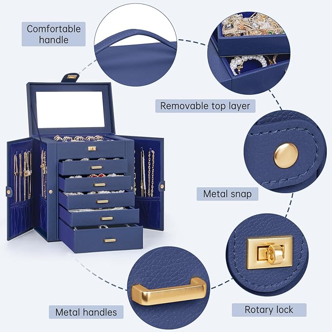 AKOZLIN 6-Tier Jewelry Box Organizer Functional 5 Drawers Leather Jewelry Storage Case for Women Girls Ring Necklace Earring Bracelet Holder Organizer with Mirror Blue-CubbioJoy