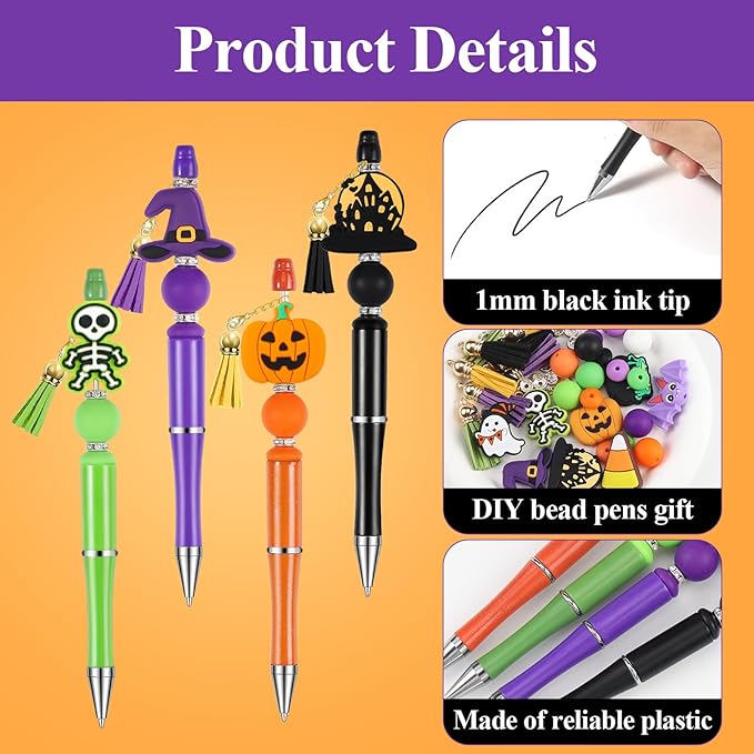 CZWZ Halloween Beadable Pens, Plastic Beadable Pens with 8 Pcs Multicolor Silicone Beads, Halloween Pumpkin Bat Skull Ghost Witch Hat Pens for Halloween Gifts Office Supplies-CubbioJoy