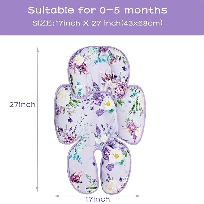 2 in 1 Infant Car Seat Insert, Car Seat Head Support Baby Girls Boys, Soft Newborn Carseat Insert Cushion, Perfect for Carseats, Strollers, Swings (Purple Flower)-CubbioJoy