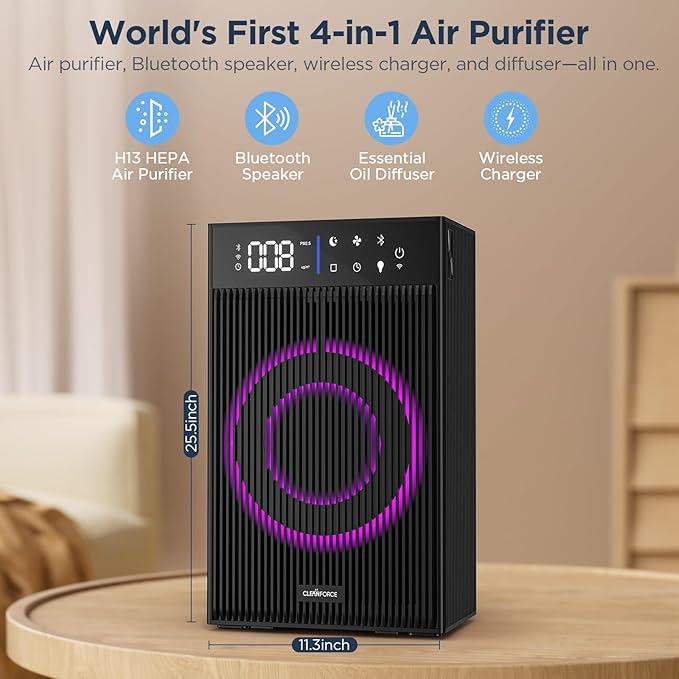 CleanForce Rainbow Cube | World’s First 4-in-1 Space-saving Air Purifier with Bluetooth Speaker, Wireless Charger & Aroma Diffuser | Swiss Tech，over 900ft² Coverage | Ultra-Quiet-CubbioJoy