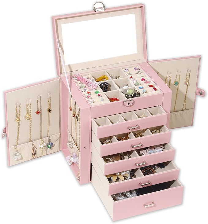 BOOVO Jewelry Box For women, 6 Layer Large Jewelry Organizer With Mirror, Multi-Function Storage Box With Lock, Accessory Holder With 5 Drawers, For Earrings Necklace Ring Bracelet (Pink)-CubbioJoy