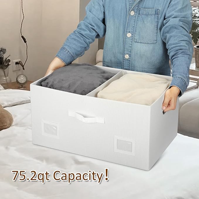 75 Quarts Extra Large Decorative Storage Bins with Lids, 3 Packs White Collapsible Storage Bins with Lids, Stackable Storage Bins Decorative Box Storage With Lid Extra Large-CubbioJoy