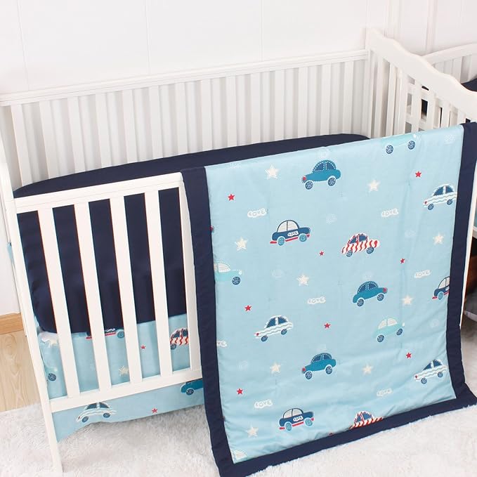 CaSaJa Baby 3-Piece Crib Bedding Set for Boys Girls, Including Soft Quilted Comforter(Blanket), Fitted Crib Sheet and Skirt, Soft Nursery Bedding Set Made of Silky Comfy Materials, Love Cars-CubbioJoy