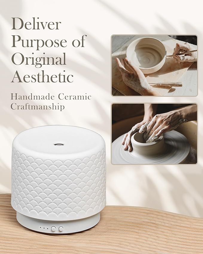 Ceramic Essential Oil Diffuser 280ml- Aromatherapy Diffuser with Ultrasonic Cool Mist Humidifier, Night Light, Timer, Auto Shut-Off, Large Room Aroma Diffuser for Home, Bedroom, Office, Yoga-CubbioJoy