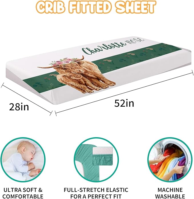 Custom Crib Bedding Set - Highland Cow Design Personalized Name Baby Nursery Bed 3 Pcs Set - Chic Soft Blanket with Dotted Backing, Sheet, Pillowcase for Newborn Girls Boys Gifts Color04-CubbioJoy