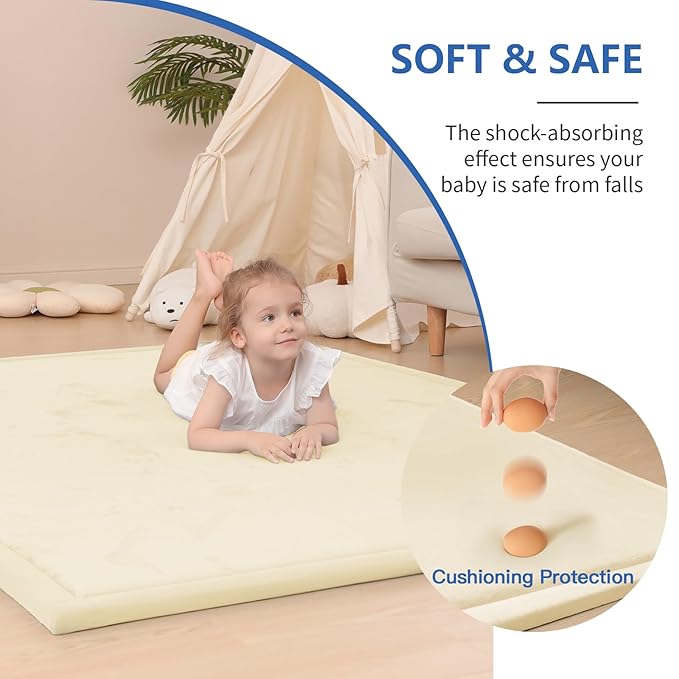 Baby Play Mat for Floor, 1.3" Thick Elasti-Foam 50x50 Playpen Mat for Toddlers Infant Kids,Water-Repellent Soft Velvet for Tummy Time, Non-Slip Backing for Crawling, Tatami Style(Vanilla)-CubbioJoy