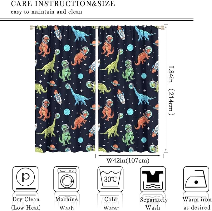 Cartoon Dinosaur Curtains for Kids Boys Girls Home Decor, Astronaut Rocket Funny Outer Space Blackout Rod Pocket Window Drapes for Bedroom Living Room W42xL84in 2 Panels-CubbioJoy