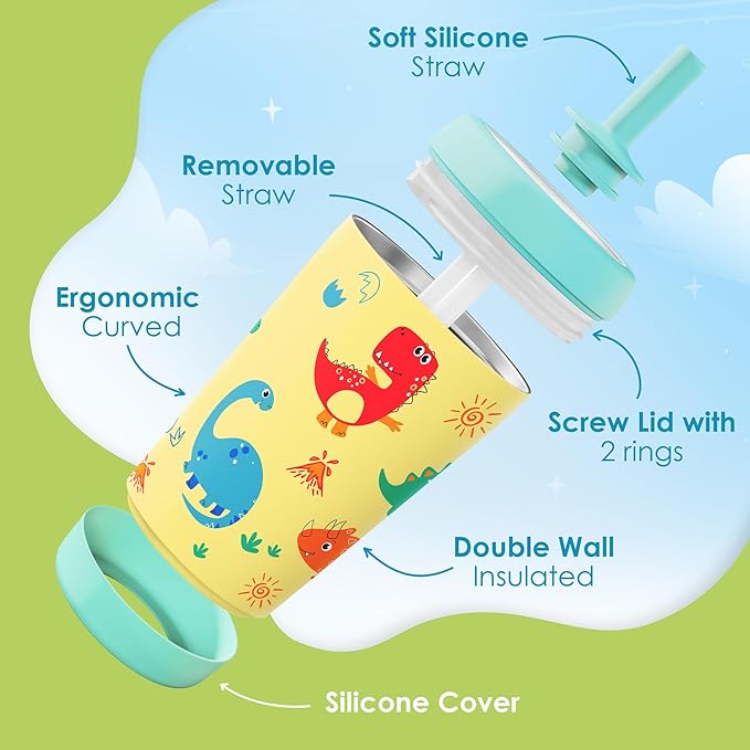 Kid Insulated Stainless Steel Tumbler with Silicone Straw, 12oz Sippy Cup for Kids (Playful Dinosaurs)-CubbioJoy