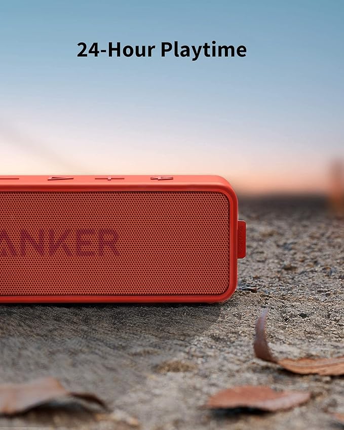 Anker SoundCore 2 Portable Bluetooth Speaker, Wireless, Enhanced Bass, 24-Hour Playtime, 66ft Range, IPX7 Water Resistant, Built-in Mic, Ideal for Travel, Compact and Easy to Use - Red-CubbioJoy