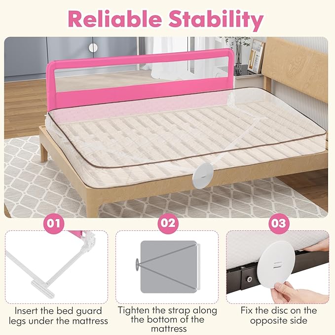 BABY JOY Bed Rails for Toddlers, 71'' Extra Long, Swing Down Bed Guard w/Safety Strap, Folding Baby Bedrail for Kids Twin, Double, Full Size Queen & King Mattress (71-Inch, Pink)-CubbioJoy