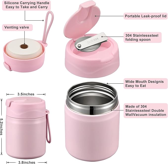 17oz Soup Thermo for Hot Food Kids,Insulated Food Jar with Spoon,Thermo Hot Food Lunch Container,Wide Mouth Leakproof Stainless Steel Lunch Box for School-Pink-CubbioJoy
