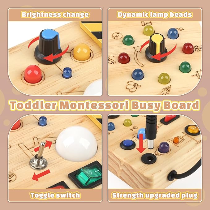 Joyreal Montessori Busy Board Wooden Sensory Toys for Toddler with LED Light Up Switch, Baby Fidget Board Travel Toys for 18+ Months, 1 2 3 Year Old Boys Girls Toddler Toy Gifts (Classic)-CubbioJoy