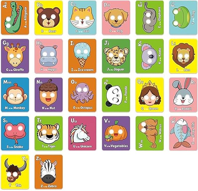 2025 New 26 PCS Alphabet Mask Cards,Alphabet Flash Cards with Animal Masks,Colorful Animals Flash Cards, Interactive Education Games, Learn Letters-CubbioJoy