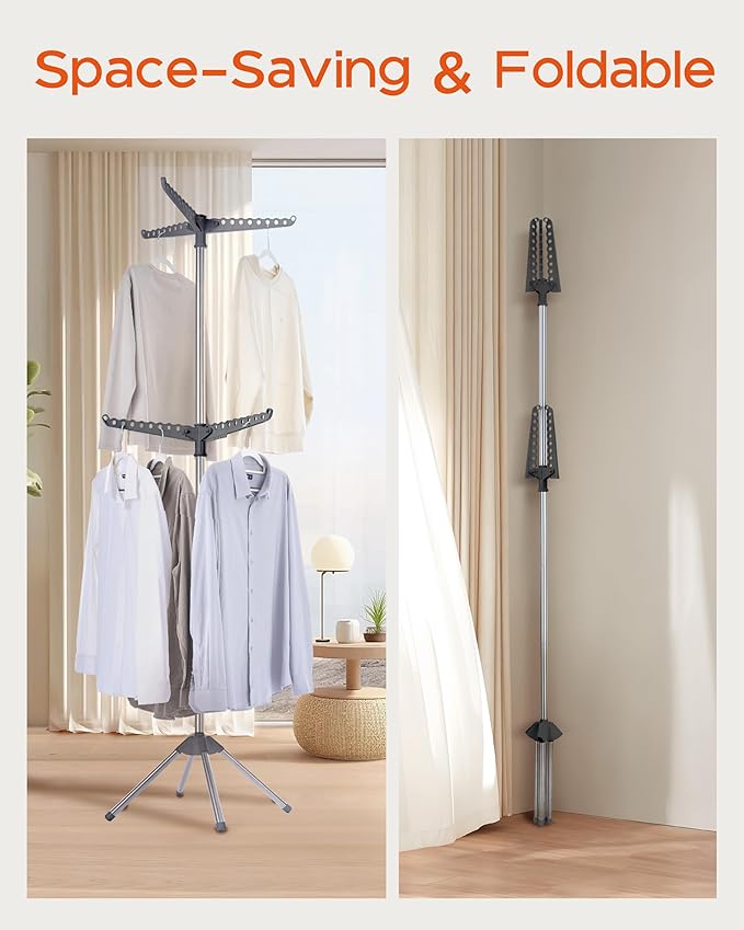 Clothes Drying Rack Foldable, 74.8 inch 2 Tier Laundry Drying Rack with Rotating Clothes Rail for 54 Pieces of Clothes, Space Saving, Indoor, Stainless Steel, Grey and Silver CDR002G01-CubbioJoy